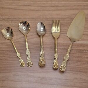 Vintage HIC4‎ HIC Gold Electroplate Flatware Dessert Set For 6 15 Piece Japan